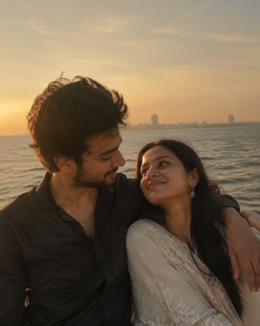 A couple at golden hour by the sea in Karachi