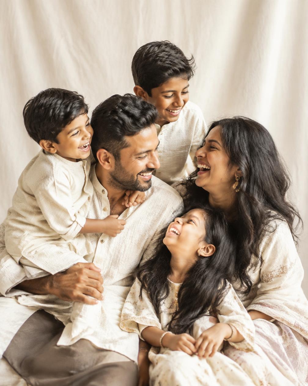 A family of five laughing during a studio portrait session